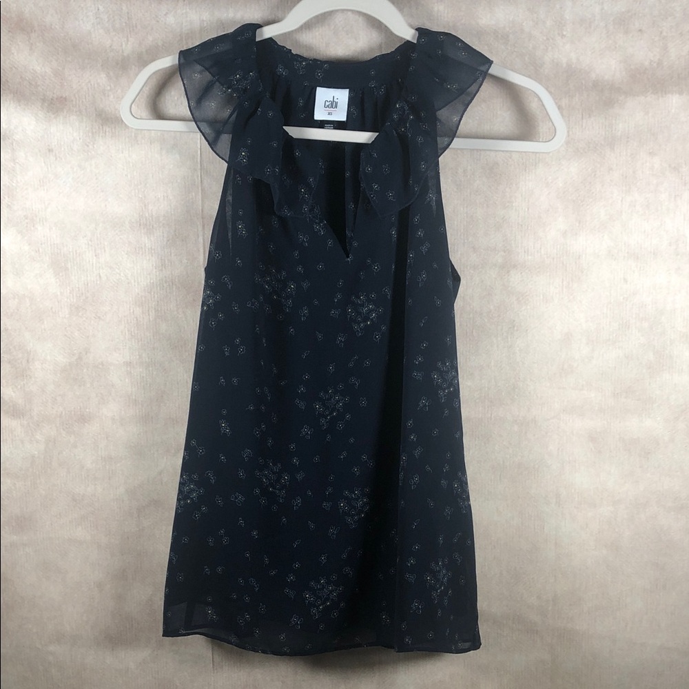 CAbi Navy Floral Sleeveless Blouse with Ruffle Detail